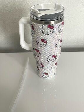 White Hello Kitty HK Rhinestone Travel Tumbler with Handle and Straw